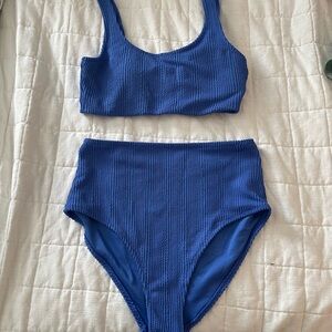 Blue Textured High Waisted Bikini Set